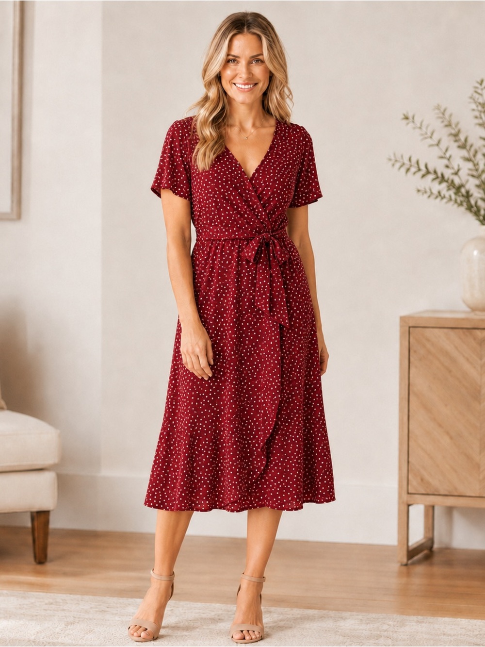 Polka Dot Wrap Midi Dress in Burgundy